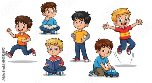 Children Engaging in Various Physical Activities and Reading, Illustrated in a Playful Cartoon Style from a Front Viewpoint