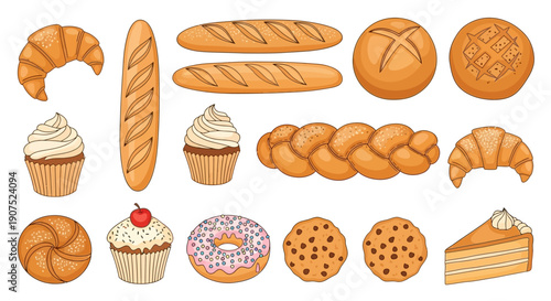 Assorted baked goods including croissants, bread, cakes, and pastries displayed on a clean white background from a straightforward viewpoint