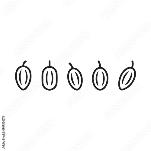 A simple illustration depicts a row of six stylized oval shaped cocoa pod outlines