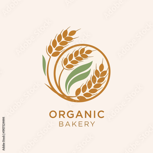 Organic Bakery Logo with Wheat Ears and Leaves in a Circle.