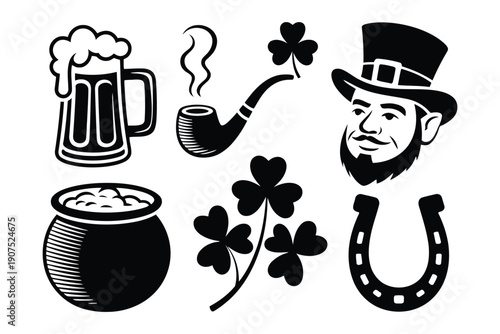 Black and white St Patricks Day with beer mug pipe pot of gold shamrocks leprechaun and horseshoe monochrome
