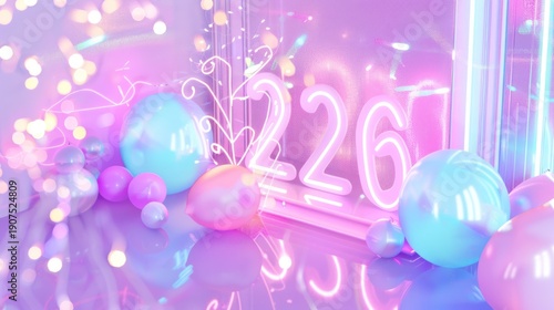 Wallpaper Mural Colorful Neon Numbers Displayed with Bright Spheres and Bokeh Effect in Soft Pastel Tones Torontodigital.ca