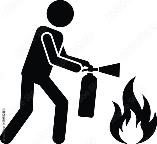 Man Using Fire Extinguisher Silhouette Icon for Emergency Safety Protection Workplace Health and Hazard Prevention Training Manual Vector Illustration Design