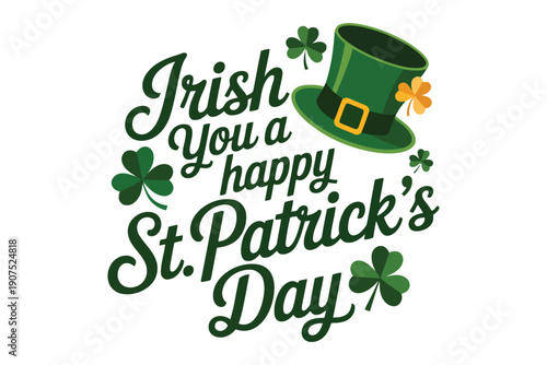 Irish greeting card with green hat shamrocks and St Patricks Day text in dark green