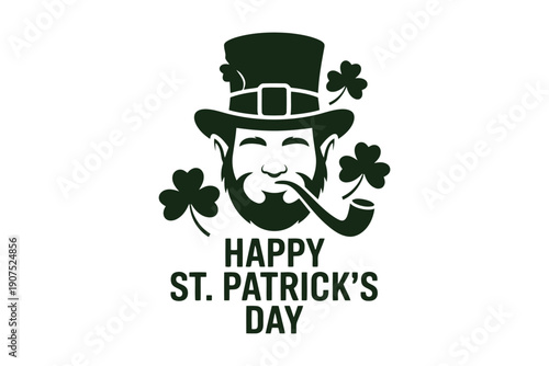 Leprechaun face with hat pipe and shamrocks happy St Patricks Day black silhouette clover