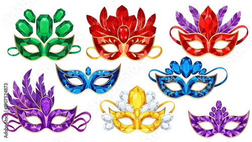 Collection of ornate masquerade masks with colorful gemstones and feathers