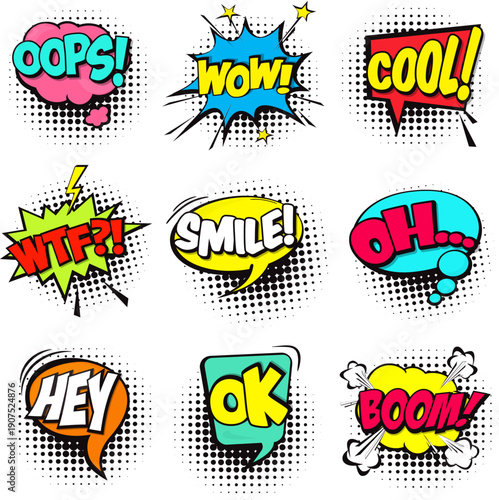 Set of colorful pop art comic speech bubbles with text. Vector retro sound effects like oops, wow, cool, and boom with halftone dots.