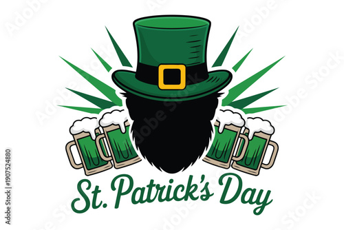 St Patricks Day celebration with green beer mugs leprechaun hat and clover rays