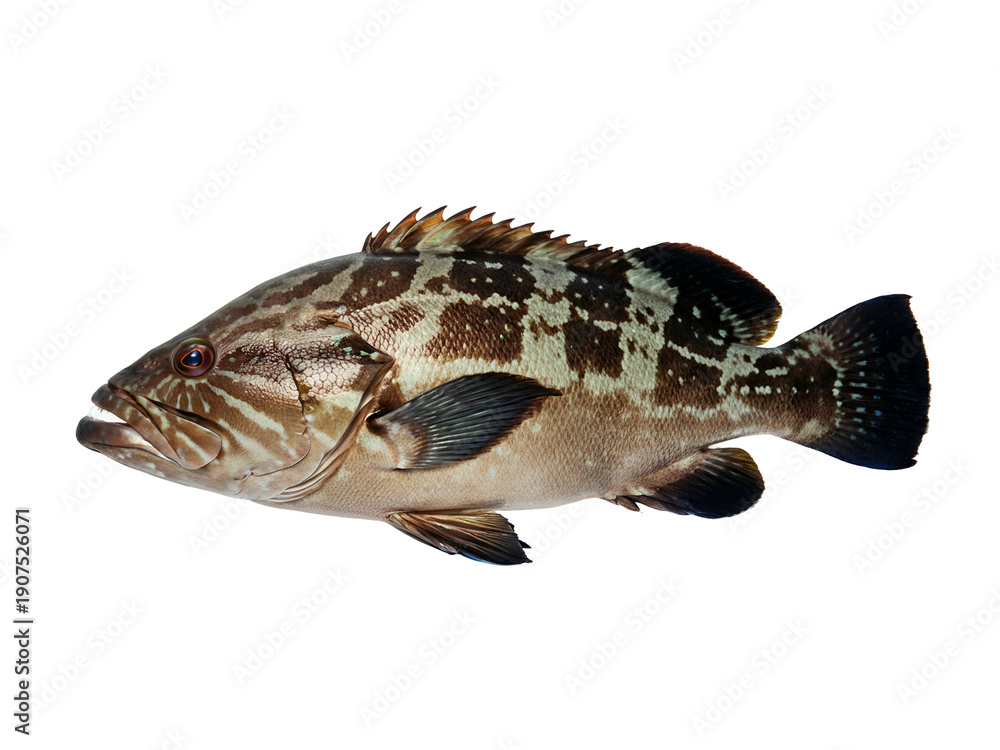 Naklejka premium Grouper reef fish isolated on a clear background viewed from the side showcasing its detailed scales and fins in a close-up