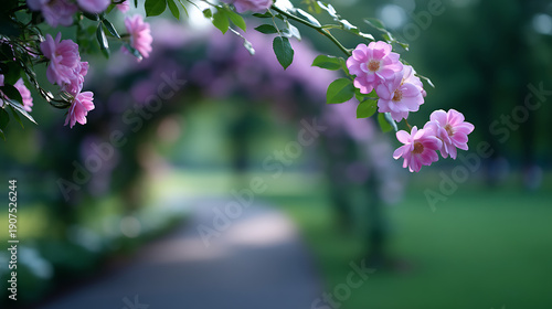 Pink roses gracefully adorn a pathway arched with blooms, leading into a serene garden. The flowers in the foreground captivate the viewer