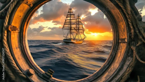 Historic galleon sails across wavy ocean as seen through wooden ship window during dramatic voyage
