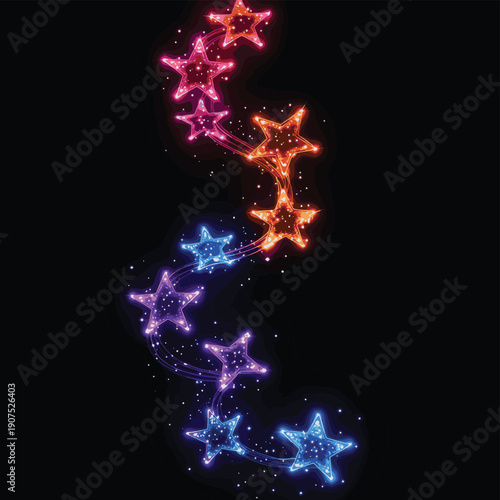 Star garland with colorful festive starry lights on twisted curvy wavy string. Christmas and New Year sparkling ornament , vector style simple color