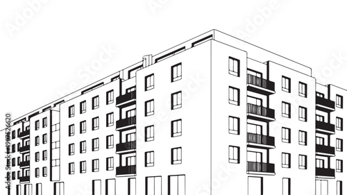 Modern apartment building in minimalist style with clean lines and white facade in digital illustration for architectural design