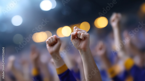 A crowd of people raising their fists in solidarity, with a blurred background of lights and figures. The scene evokes a feeling of unity and support