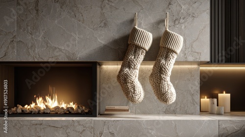 Wallpaper Mural Cozy Christmas Stockings Hanging Above Modern Fireplace with Warm Fire and Candles in Contemporary Living Room Torontodigital.ca