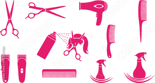 Professional hair salon equipment and hairdressing tools, pink beauty accessories, scissors and comb icons, barber shop vector illustration, feminine grooming graphics.