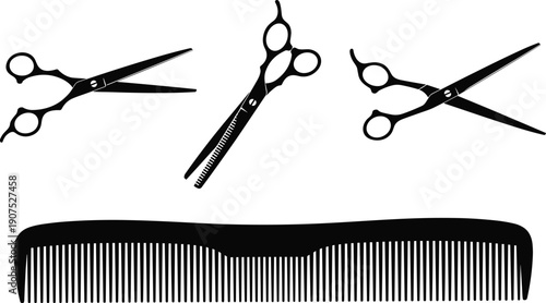 Professional hair salon tools, barber scissors silhouettes, hair comb icon, beauty parlor equipment vector, hairstylist accessories, haircutting supplies, isolated on white background.