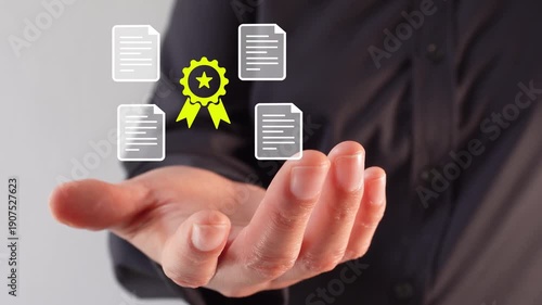 Close-up of a businesswoman's hand holding an animation of several documents with a certificate emblem