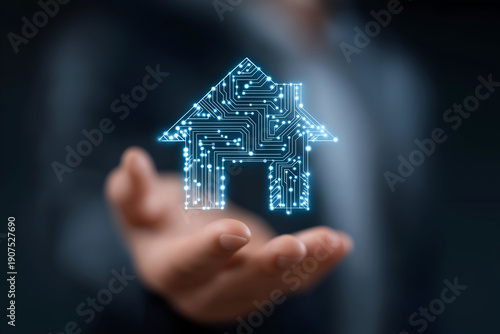 A digital house icon appears in a person's hand, illustrating the fusion of technology and real estate in the modern world.