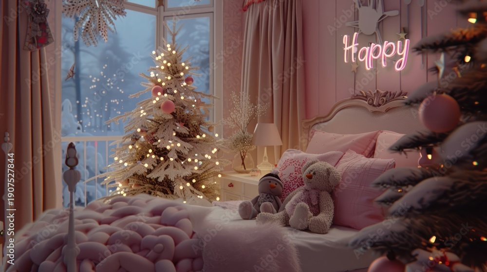 custom made wallpaper toronto digitalCozy Pink Bedroom Decorated for Christmas with Christmas Tree Teddy Bears and Neon Happy Sign
