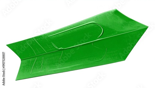 Bright green, stylized arrow-shaped object with surface lines and a raised rectangular design