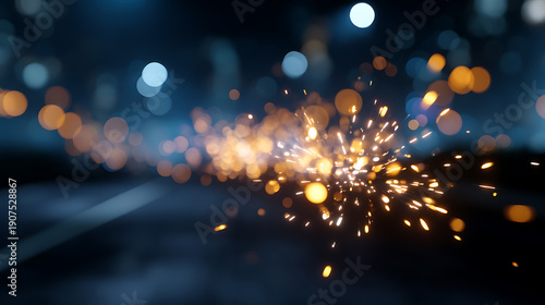 Sparkling, fiery particles dance against a blurred urban backdrop, evoking a sense of industrial energy and dynamic movement. The vibrant bokeh lights create a captivating visual effect.