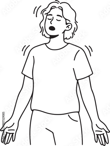 Line art illustration of a person feeling dizzy, confused, or experiencing vertigo, showing symptoms of lightheadedness, imbalance, or illness..
