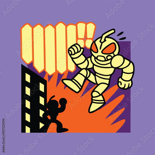 Retro Pop Art Superhero Robot Action Kick Vector Illustration