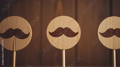 Five wooden circles with mustache drawings on sticks.