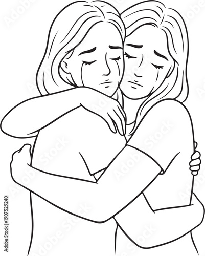 Two women embracing and crying, offering comfort and emotional support during a moment of sadness, grief, or empathy. This black and white line art illustration depicts sorrow and friendship