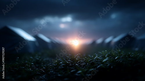 Mystical dawn rising over a field of grave markers, evoking a sense of solemnity and remembrance. The scene is bathed in a serene, ethereal glow