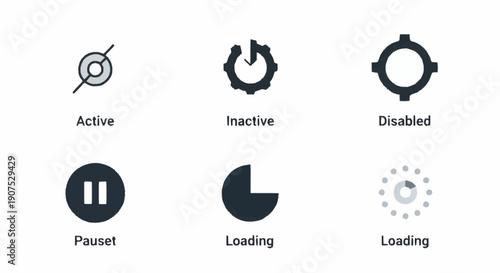 Six different status icons for active, inactive, disabled, paused, and loading states.