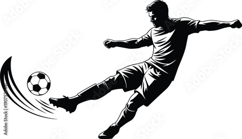 Professional soccer player silhouette kicking ball with speed trail, dynamic football athlete action isolated on white background vector illustration