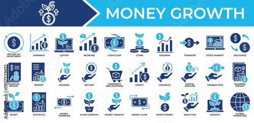 Money Growth icon set collection. Containing invest, result, statistics, increase, transfer, profit, report .Solid vector icons collection