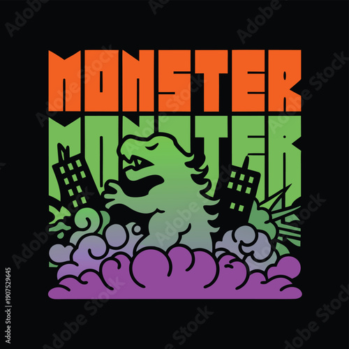 Retro 70s Monster Kaiju Typography City Destruction Vector
