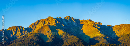Panel kuchenny z motywem Majestic rocky mountain peak glowing in the golden light of sunset above a dense pine forest in Xinjiang, China.