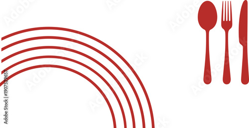 Red cutlery fork spoon knife icons, abstract rainbow lines, restaurant dining concept, kitchen equipment, food service, catering menu design elements.