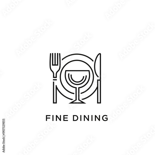 Elegant Fine Dining Logo with Plate Fork Knife and Wine Glass.