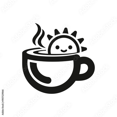Cute sun character peeking out of a steaming coffee cup logo.