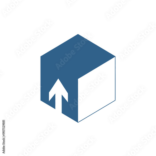 Blue and White Isometric Cube with Upward Arrow Icon.