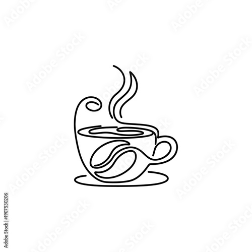 Minimalist Line Art Coffee Cup with Steam and Bean.