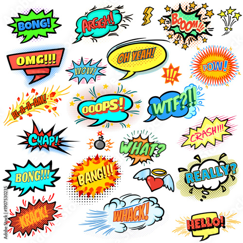 Vector set of colorful retro comic sound effects. Pop art speech bubbles with text like boom, pow, wow, bang, and omg on halftone background.