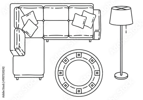 Aerial view of a modern living room furniture layout featuring a sectional sofa coffee table and floor lamp ideal for interior design concepts and