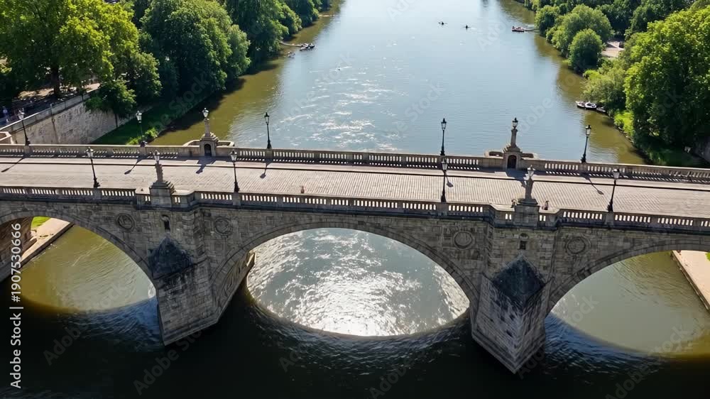 custom made wallpaper toronto digitalScenic view of a historic stone bridge spanning a calm river surrounded by lush greenery.