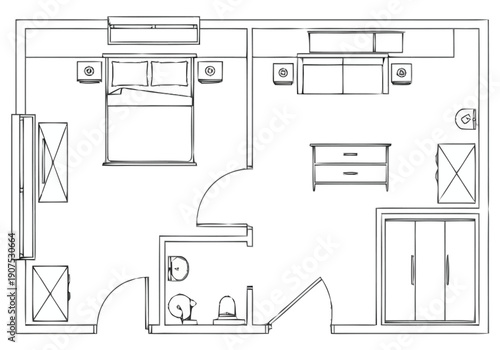 Interior Design Blueprint Layout Bedroom Bathroom Storage Area Floor Plan Schematic Architectural Drawing for Home Planning and Renovation furniture