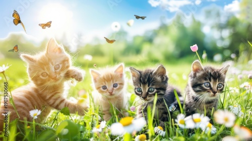Wallpaper Mural Cute Kittens Playing in Bright Sunny Meadow with Butterflies and Flowers Torontodigital.ca