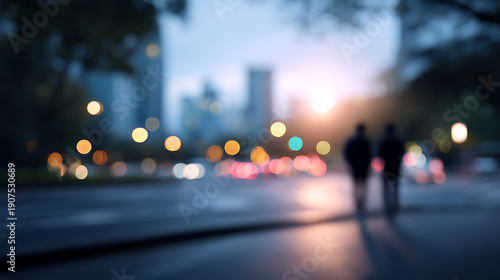 Blurred image of two individuals walking down a city street with ambient light and building. The scene creates a sense of movement and metropolitan