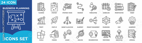 Business planning icon set featuring planning, strategy, roadmap, forecasting, budgeting, project management, leadership, analysis, implementation, and monitoring for corporate use.
