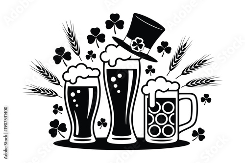 Black and white of three beer mugs with frothy tops shamrocks wheat and a hat