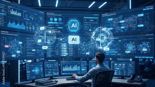 Wallpaper Mural Futuristic Data Center with Multiple Digital Screens and Artificial Intelligence Interface. Torontodigital.ca